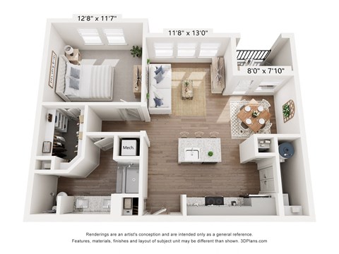 A 3D floor plan of a small apartment with a kitchen, living room, and bedroom.